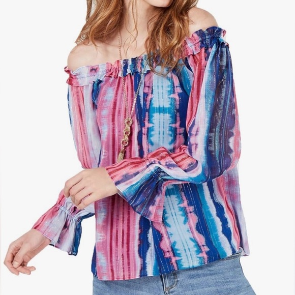 INC Womens Blouse Long Sleeve Off-The-Shoulder Tie Dye Top Shirt Multi S $70 NWT - Picture 1 of 16
